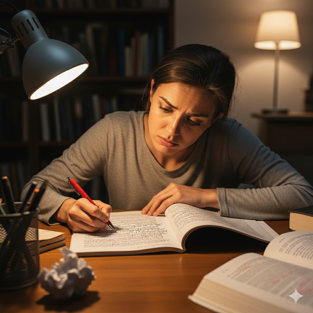 Mujer concentrando corrigiendo una texto antes de su publicación