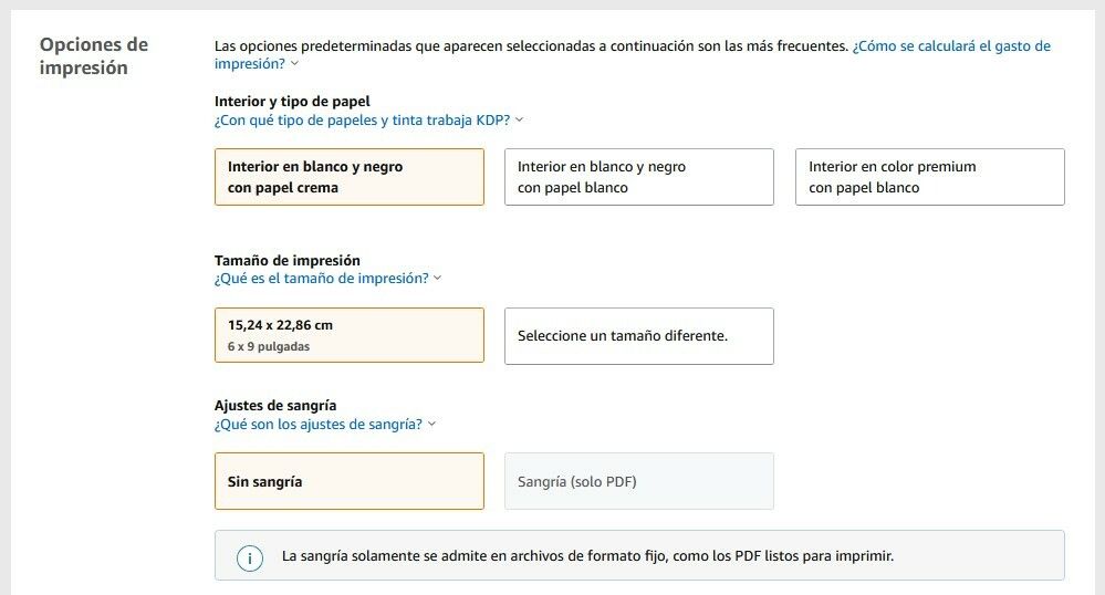 Opciones de impresión Amazon KDP