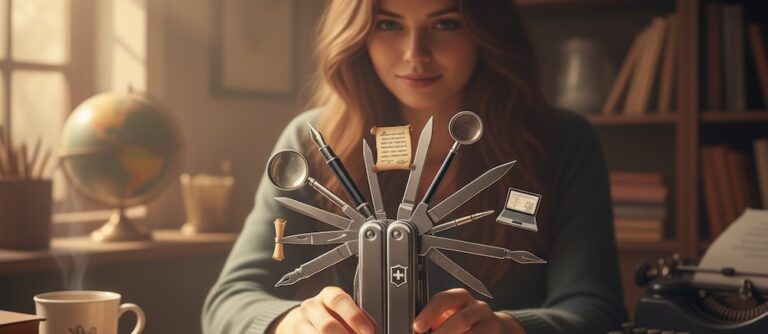 Mujer utilizando distintas herramientas para escribir su libro