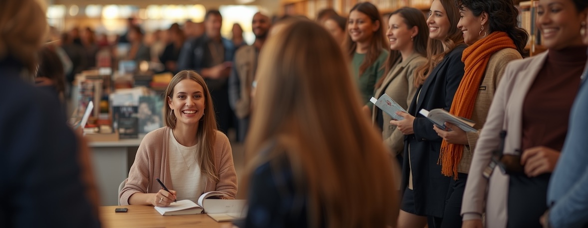 Autora publicada en una presentacion de firma de libros Autor firmando ejemplares en una presnetación de Editorial Tregolam