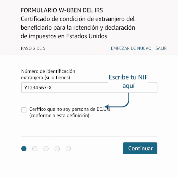 Formulario W-8BEN Gif animado con las pantallas para rellenar los datos en el W-8BEN