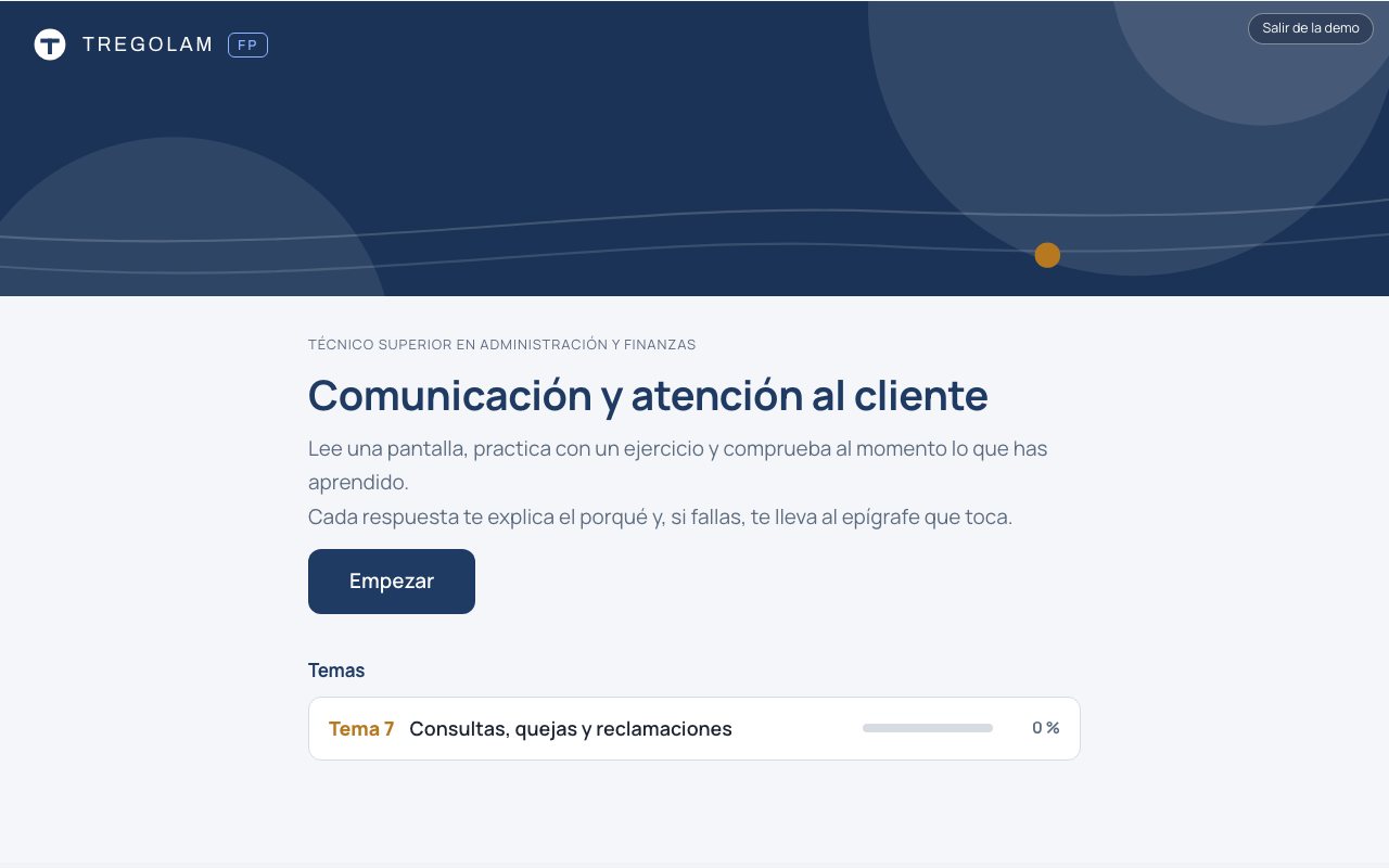 Cubierta del módulo Comunicación y atención al cliente del ciclo de Administración y Finanzas, tal como la ve el alumno en Tregolam Campus FP